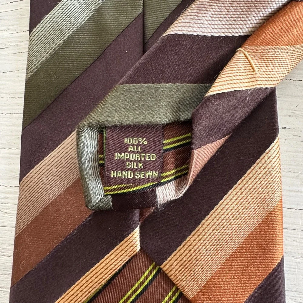 BCBG Attitude Men's Striped Silk Tie Brown Orange Green Beige Business OR Casual